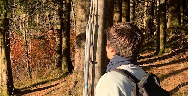 Ramón, de espaldas y con mochila, en un camino por el bosque.